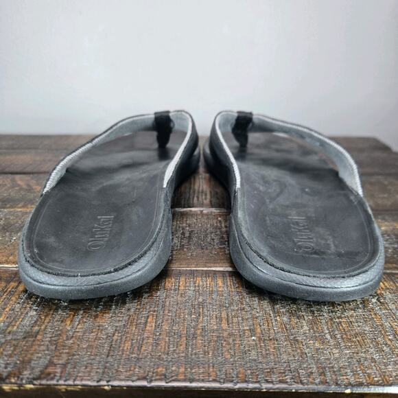 OluKai Tuahine Mens Size 12 Beach Flip Flops Sandals Leather Black - Picture 4 of 11